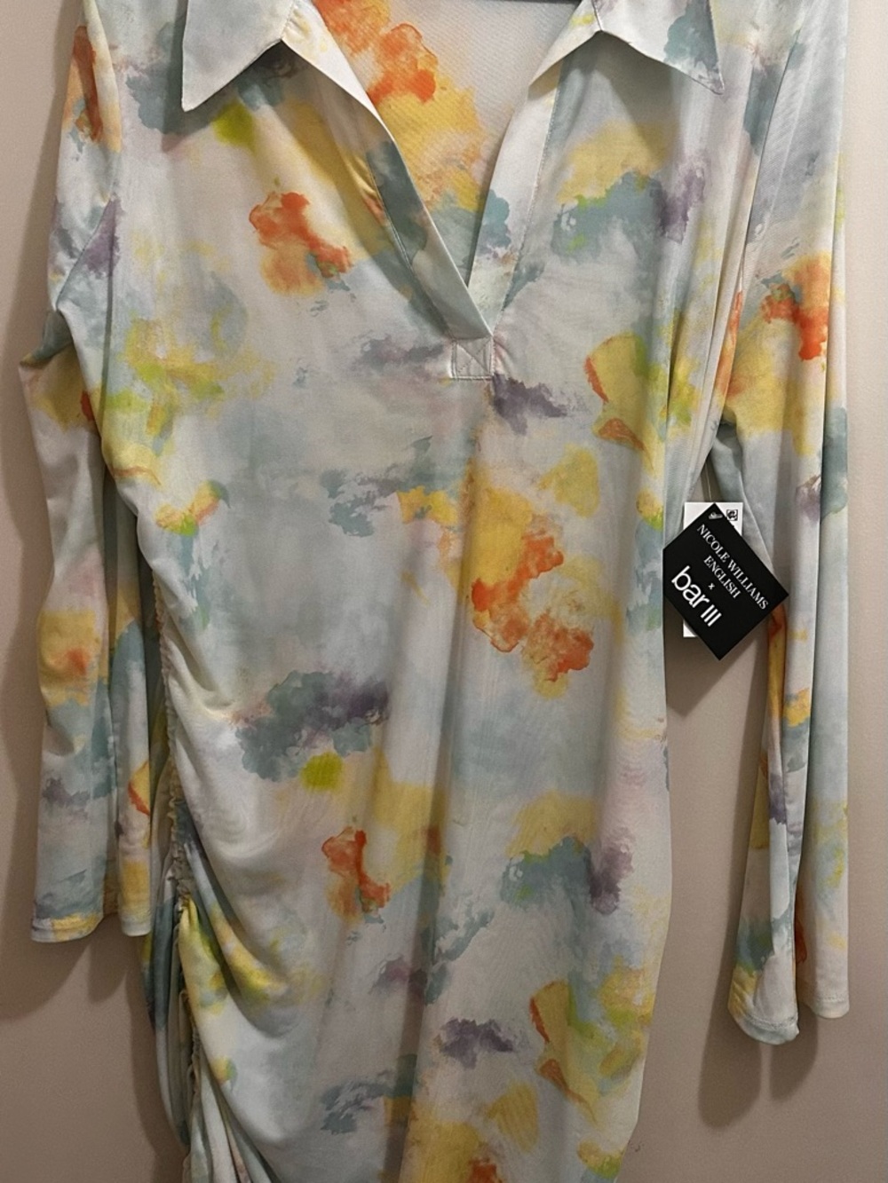 Bar III Pastel Watercolor Collared V-Neck Long Sleeve Dress
